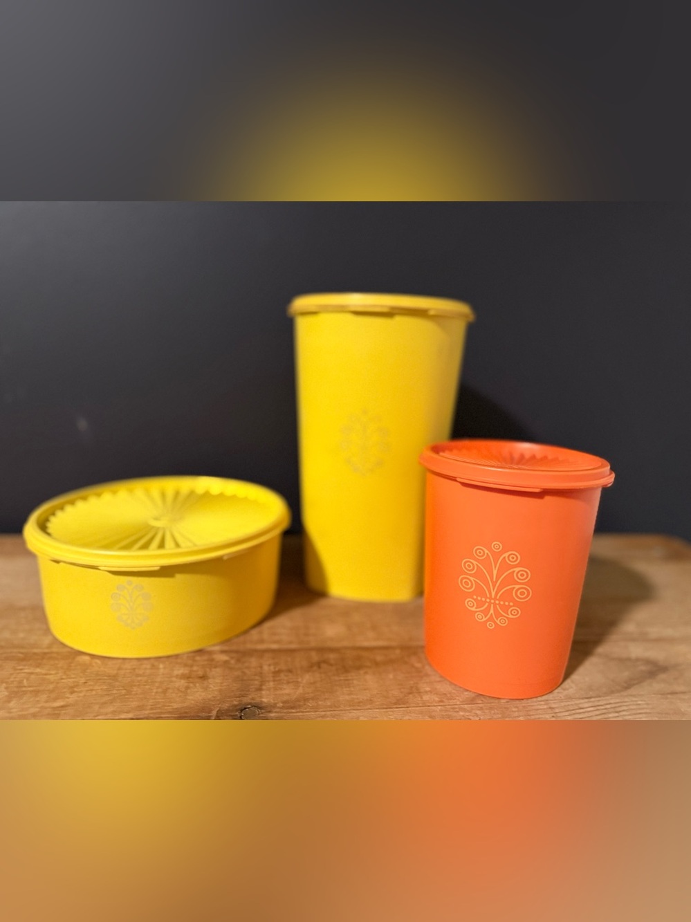 Vintage Retro Tupperware Canister Set – Bright Yellow & Orange Floral Container